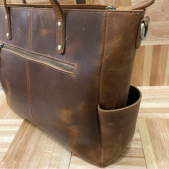 S-Zone Distressed Genuine Leather Tote Bag Cowhide Leather Laptop Travel Bag - Picture 11 of 16